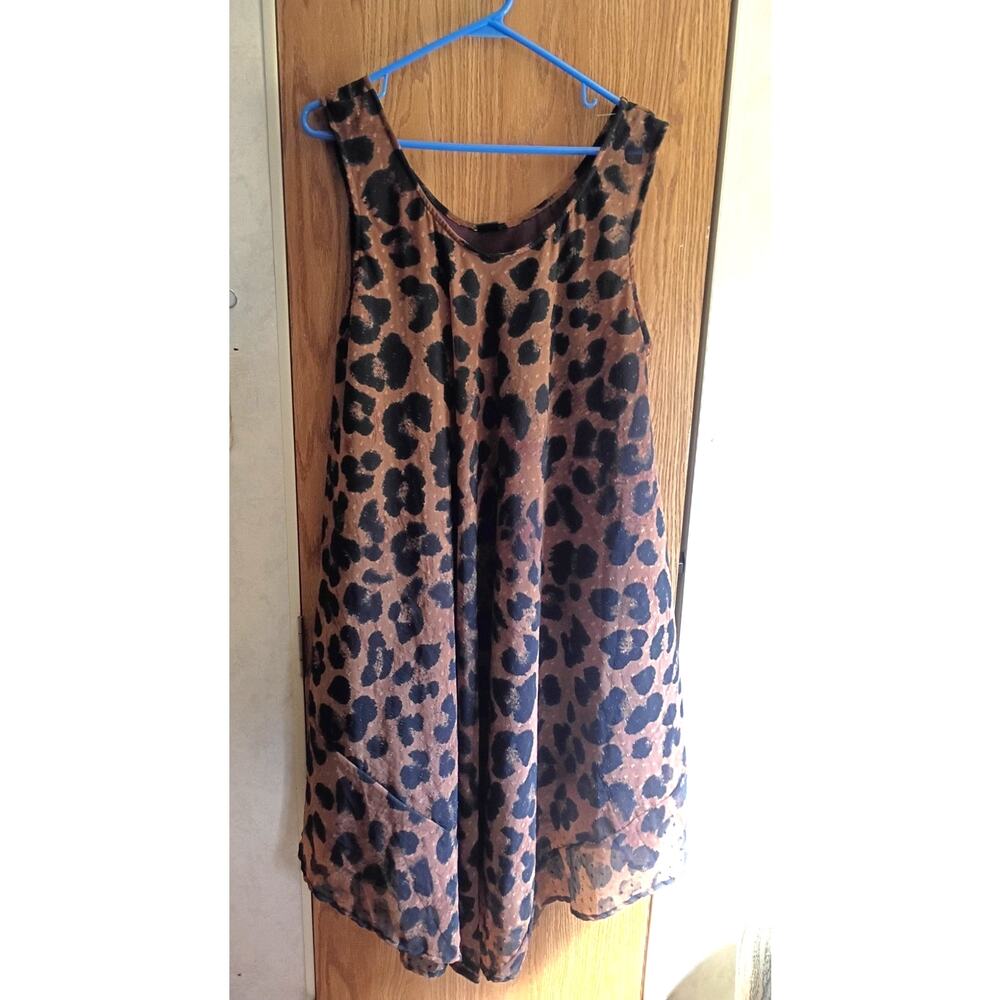 Leopard Print Swiss Dot Handkerchief Midi Dress One Size Boho Lagenlook Flowy